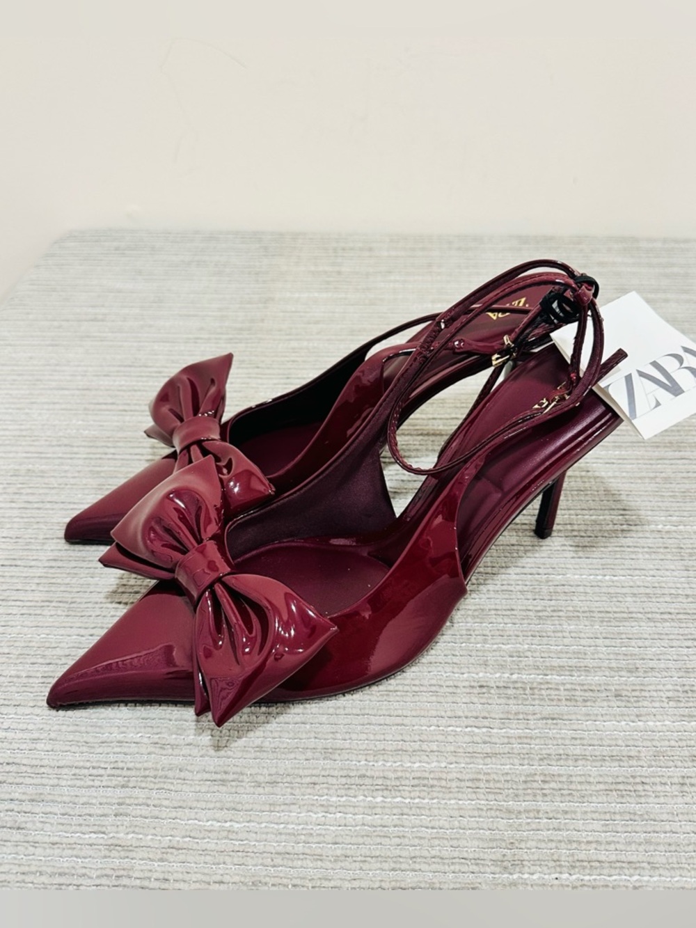 ZARA NEW WOMAN STRAPPY BOW STILETTO SLINGBACKS SHOES BURGUNDY RED Size 11 - Picture 2 of 10